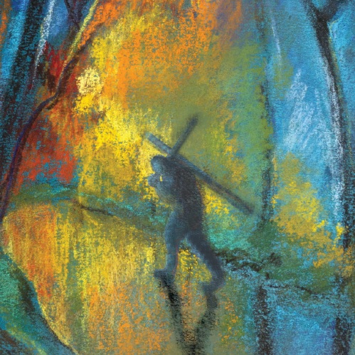 Person carrying a cross on abstract background. Image © LPi.